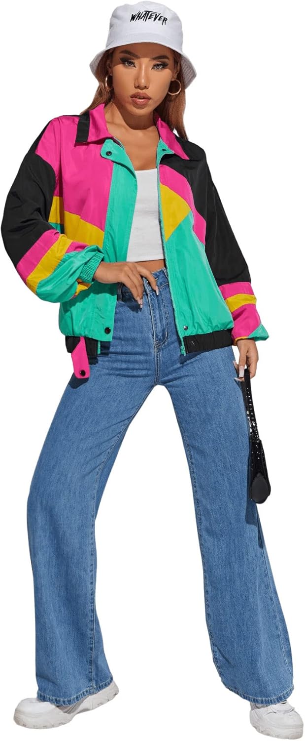 SweatyRocks Women's Windbreaker Casual Lightweight Color Block Retro Bomber Jacket - Image 5