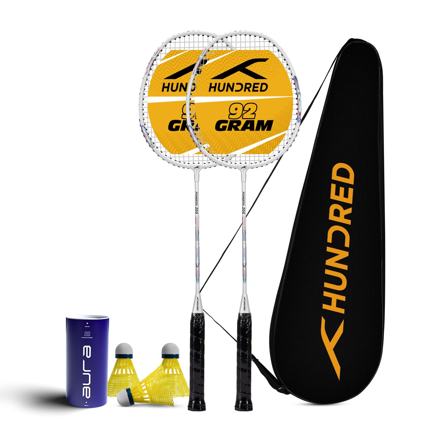 HUNDRED Powertek 200 (2 Strung Rackets with 1 Full Cover) with 3Pc Aura Nylon Shuttlecocks, Badminton, White (B0CZX7T3NZ) Amazon Price History, Amazon Price Tracker