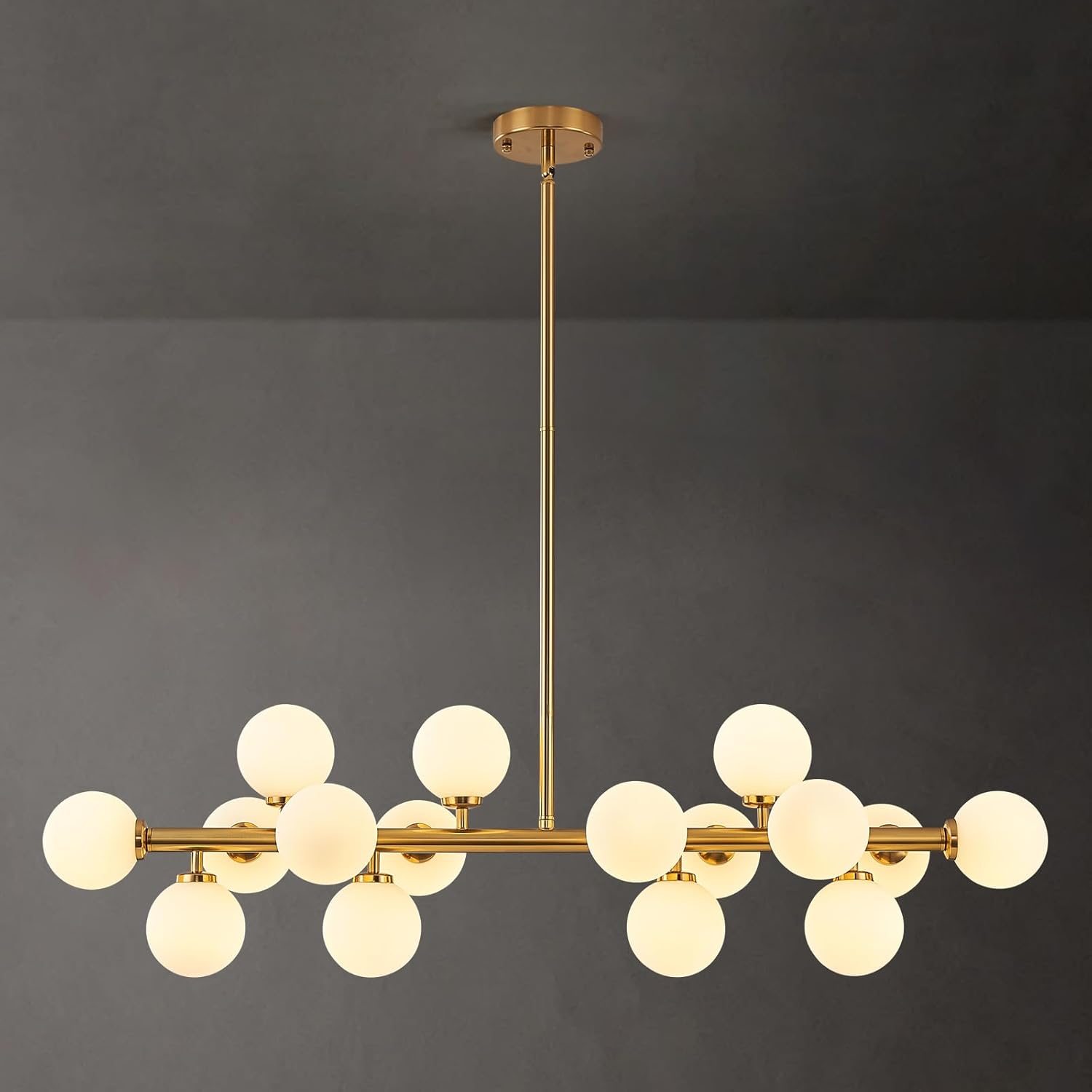 16-Light Globe Sputnik Chandelier, Mid Century Modern Light Fixture Over Table, Brass Gold Linear Chandeliers for Dining Room and Kitchen Island (Milk White Glass Bubble Shades, 40 Inch) Gold with Milk White Lampshade