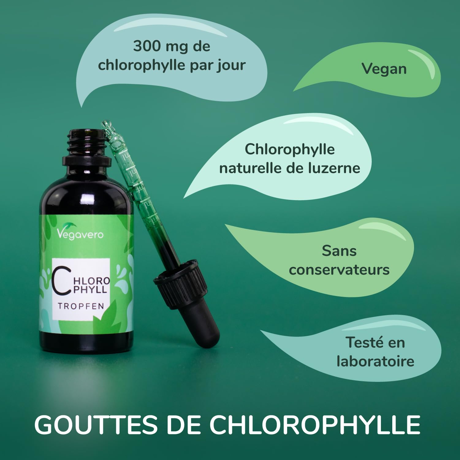 Chlorophylle Liquide en Gouttes | Dosage Elevé : 300 mg | Flacon 60 ml | Detox + Digestion | Source Naturelle : Luzerne | Sans Arômes ni Additifs | VEGAN | Vegavero®