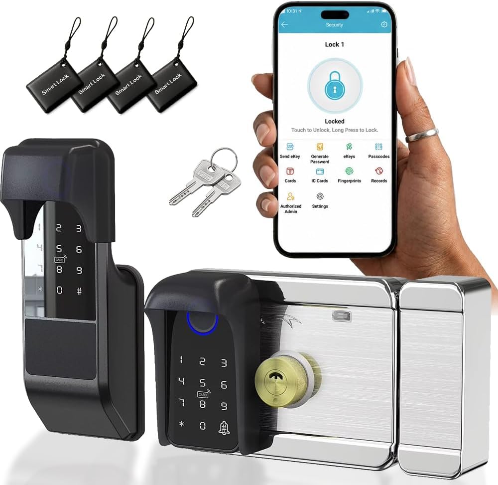 Smart Latch Serrure de portail double face, sans clé à empreintes digitales avec clavier, mot de passe et carte IC – Pêne dormant électronique étanche pour clôture extérieure (noir