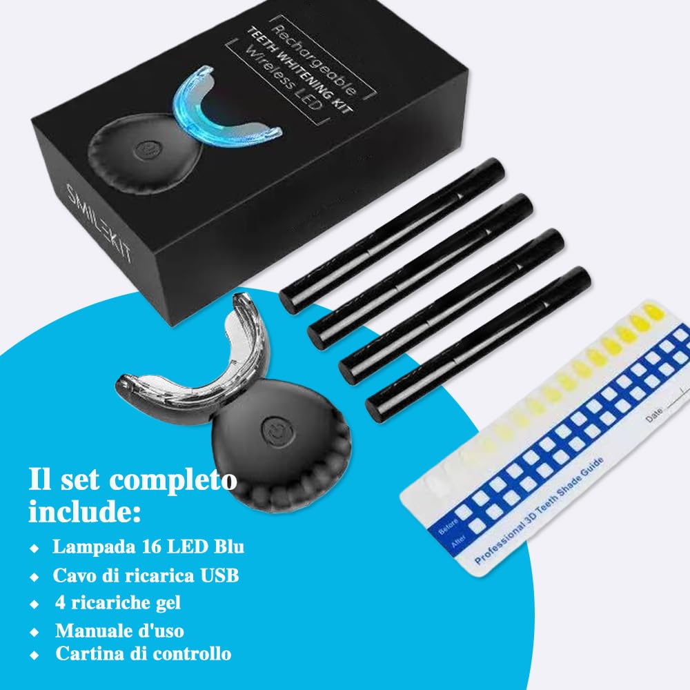 Kit Sbiancante Denti Professionale con Lampada 16 LED Blu,Quattro Penne Gel Sbiancante,Elimina le Macchie in 16 Minuti,con Applicazione Semplice e Veloce,Sicuro per lo Smalto