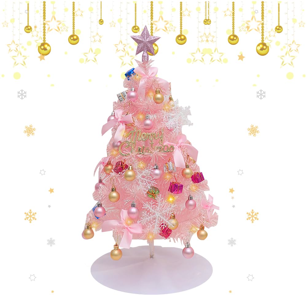 Mini Árbol de Navidad Rosa, WDKXCN 60cm Decoración de Árbol de Navidad, DIY Mesa de Árbol de Navidad con Luces LED y Adornos Colgantes para Cocina de Navidad