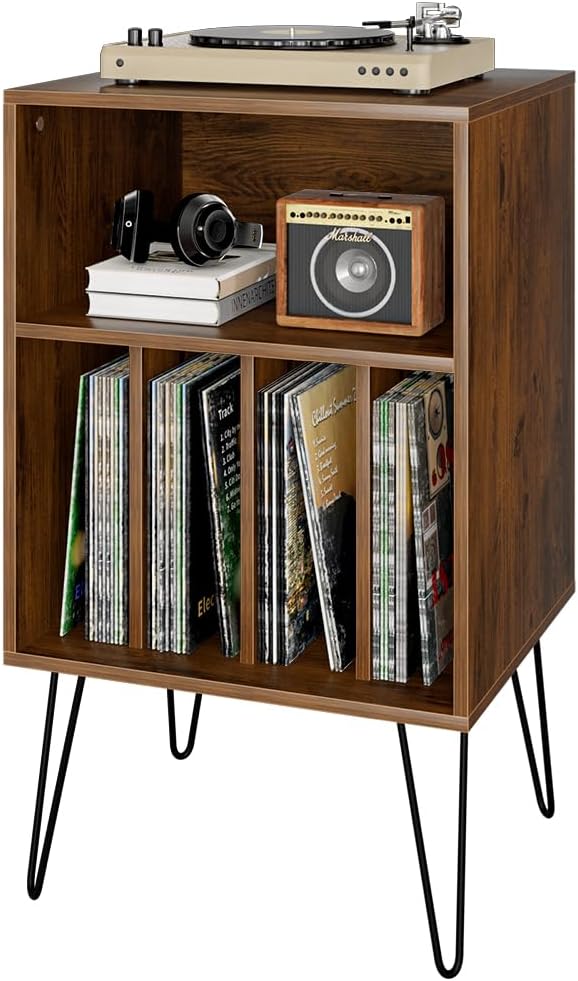 NUMENN 2 Tier End Table, Record Player Stand, Vinyl Record Storage Table with 5 Cabinets, Turntable Stand with Metal Legs, Display Shelf, Nightstand for Bedroom, Living Room, Office, Dark Brown Dark Brown 20.6"L x 18.4"W x 36.2"H