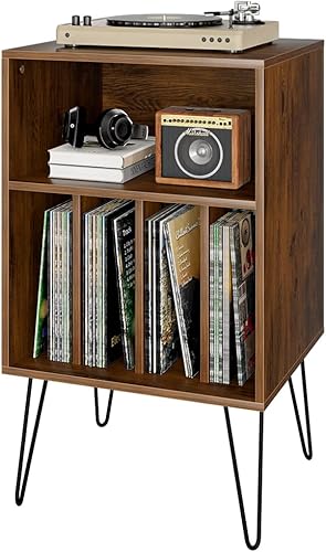 NUMENN Soporte para tocadiscos, mesa de almacenamiento de discos de vinilo con 5 gabinetes, soporte giratorio de 2 niveles con patas de metal,
