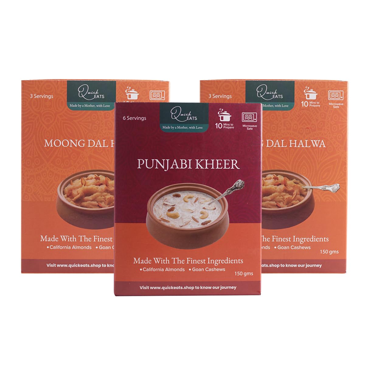 Quick Eats Premium Moong Dal Halwa(300gm) and Punjabi Kheer Combo(150gm) (Pack of 3)- Instant Mithai Magic |Ready to Cook Packet |Badam & Kesar Infusion |Premix Powder Made in 10-Minutes | Dessert Mix