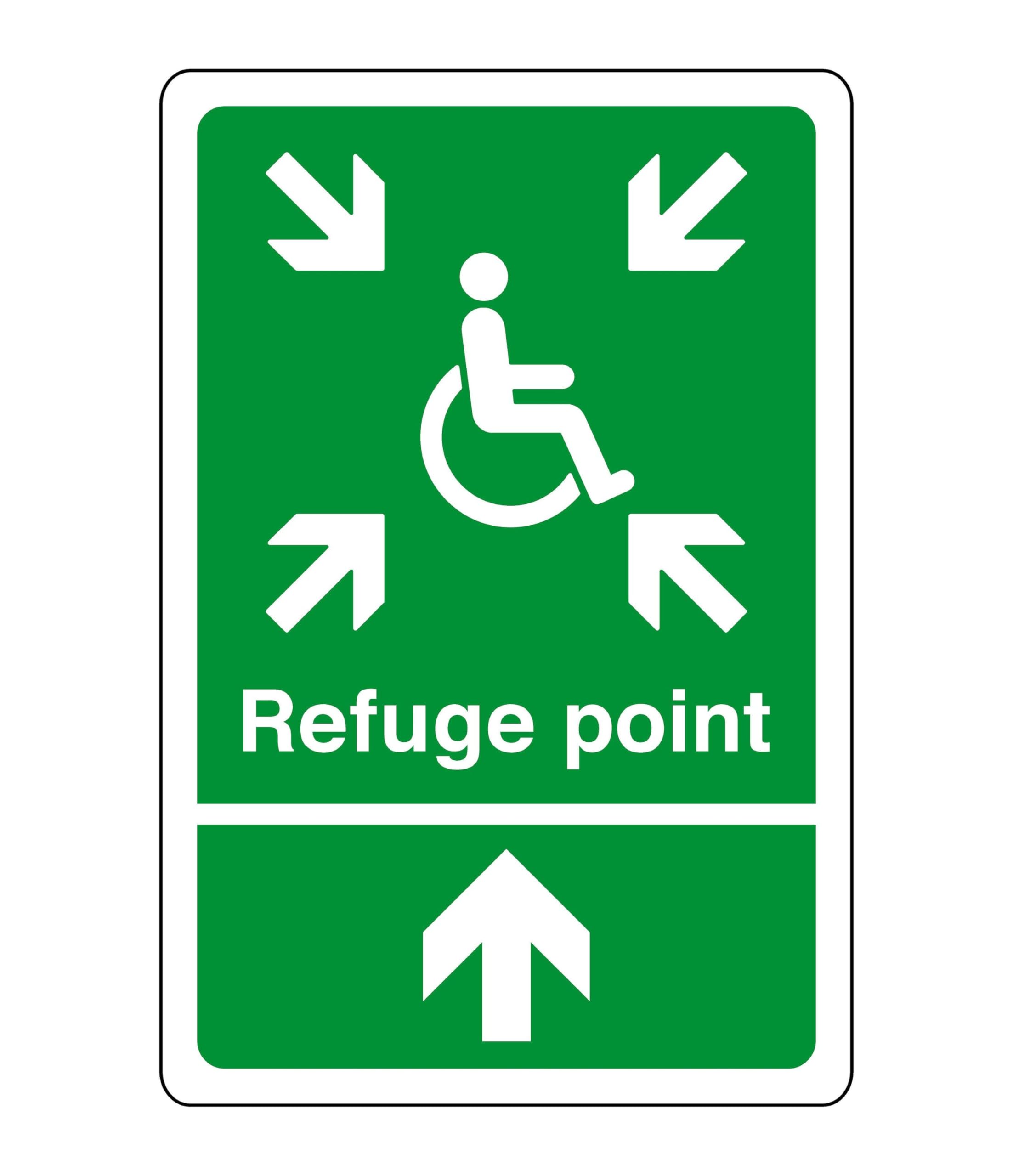 Safe refuge point arrow up - safety sign - business signs, carpark safety signs - High tack self-adhesive sticker (400mm x 300mm) Viewing Distance within 14m.