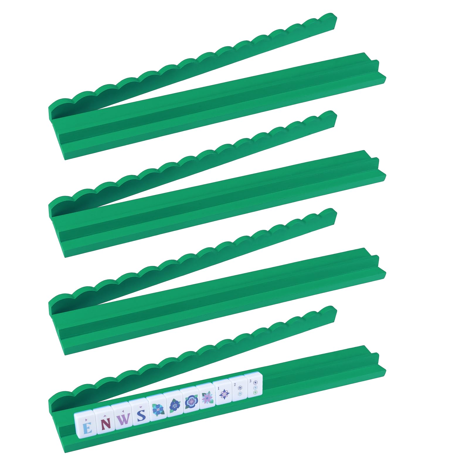 Leinuosen Wooden Mahjong Racks with Pushers 4 Set Magnet American Mahjong Tile Rack and Magnetically Attached Pushers Painted Tile Holders for Players Gift Family Game Night(Wave,Green)