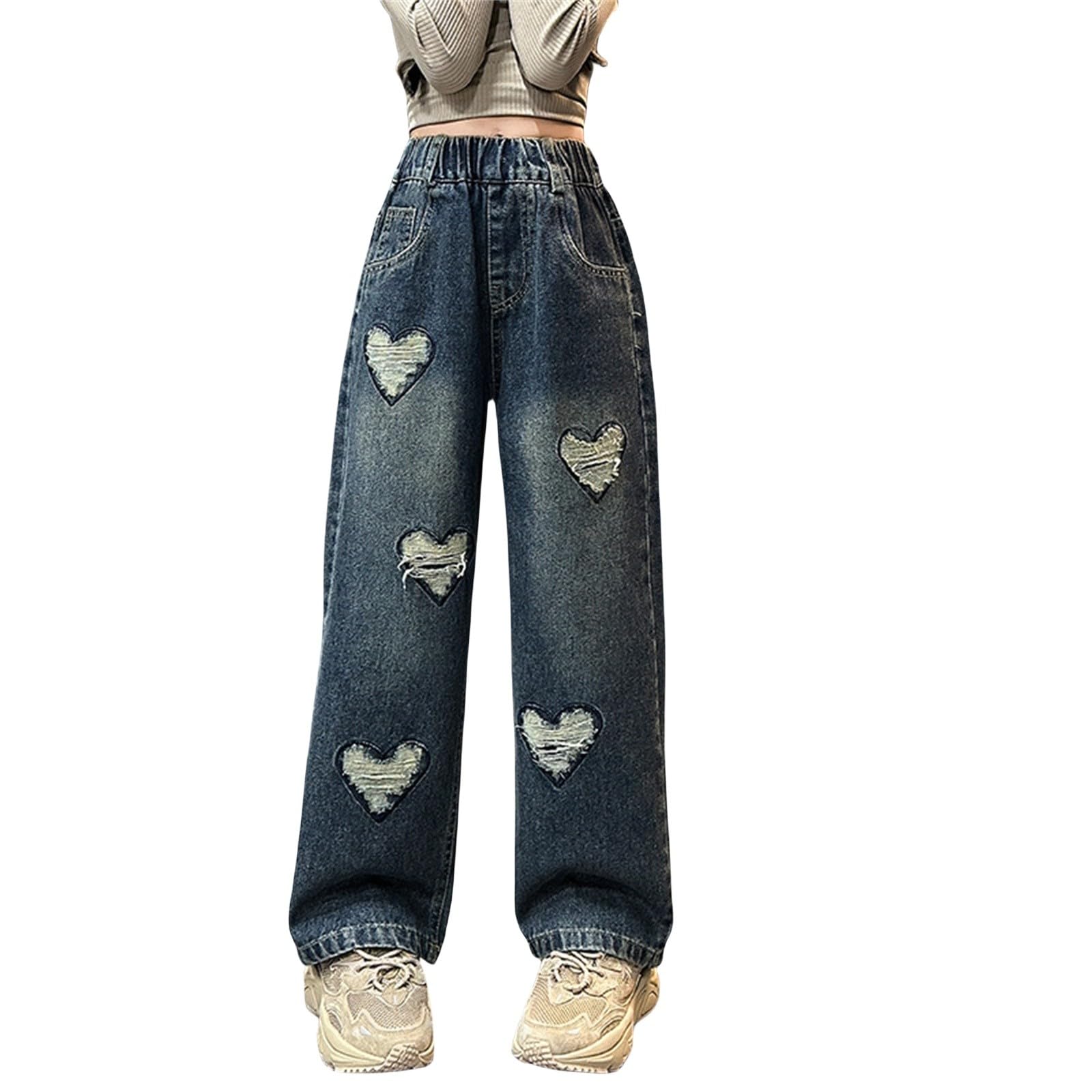 Girls Heart Pattern Jeans High Elastic Wasit Straight Wide Leg Pants for Kids Casual Summer (Blue, 9-10 Years)