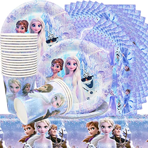 Princesse Fêtes Vaisselle Set, Reine des Neiges Thème Ensemble de Fournitures de Fête Comprendre 20 Assiette à Dessert, 20 Tasses, 20 Serviettes et 1 Nappes pour Frozen Vaisselle Thème Anniversaire