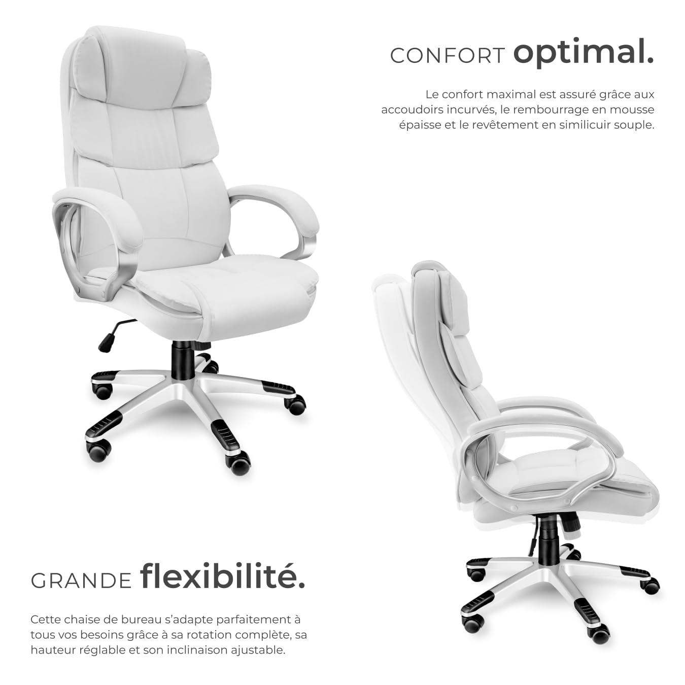 tectake® Chaise de Bureau Chaise Gaming Fauteuil de Bureau Fauteuil pivotant Design, Siege Ergonomique avec Accoudoirs, Appui-tête rembourré, Roulette Teletravail - Blanc