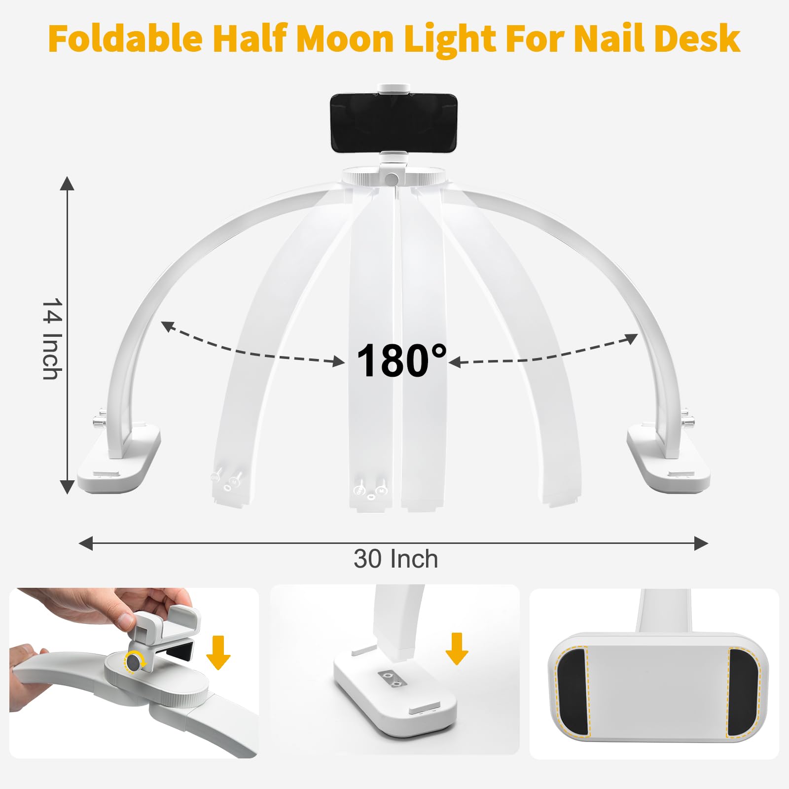 CGBE Desktop Halbmondlampe für Nägel mit Handyhalter für Nageltechniker | 30 Zoll - 45 W - 3000-6500K Dimmbar Mit 3 Farbmodi - Faltbare Tischlampe für Kosmetiker Maniküre Tattoo - Weiß