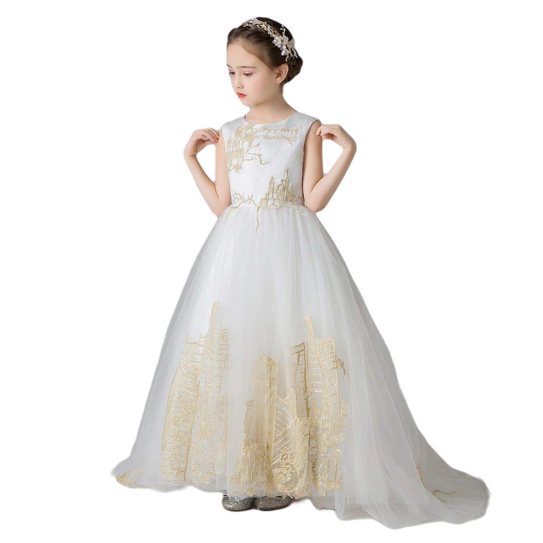 Fnoexw Flower Girls Embroidery Bridesmaid Dress Long A Line Wedding Pageant Dresses Tulle Party Gowns