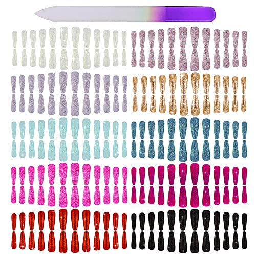 240 Pieces Extra Long Ballerina Press on Nails Glitter Acrylic Coffin False Nails Full Cover Fake Nails Tips with a Crystal Nail File for Nail Art Salon DIY Decoration (Glitter)