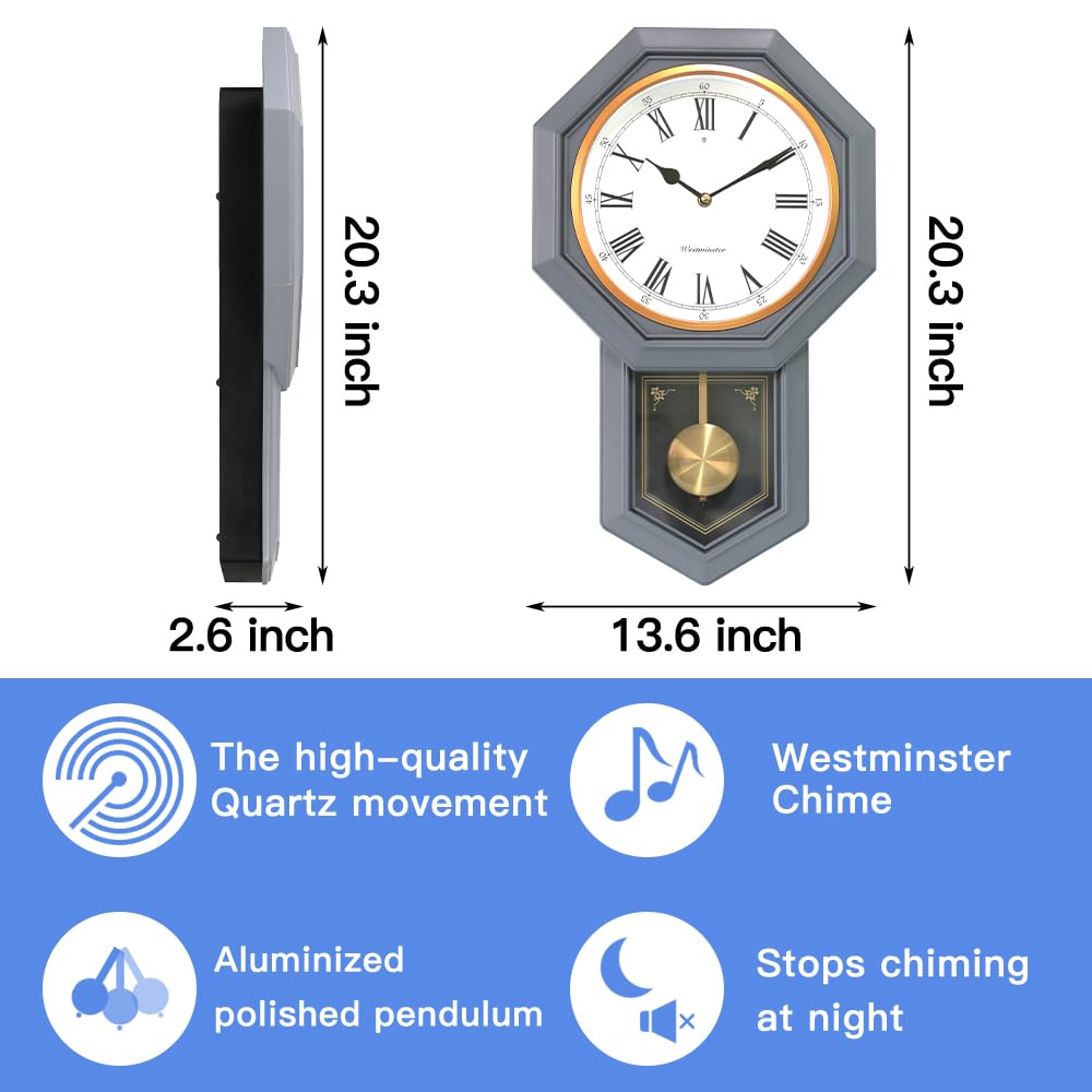 BESTIME 66236C Plastic Pendulum Clock. Sturdy Gray Frame. Westminster Chime Every Hour,Elegant,Traditional Schoolhouse,Home,Office,Living Room,Bedroom.