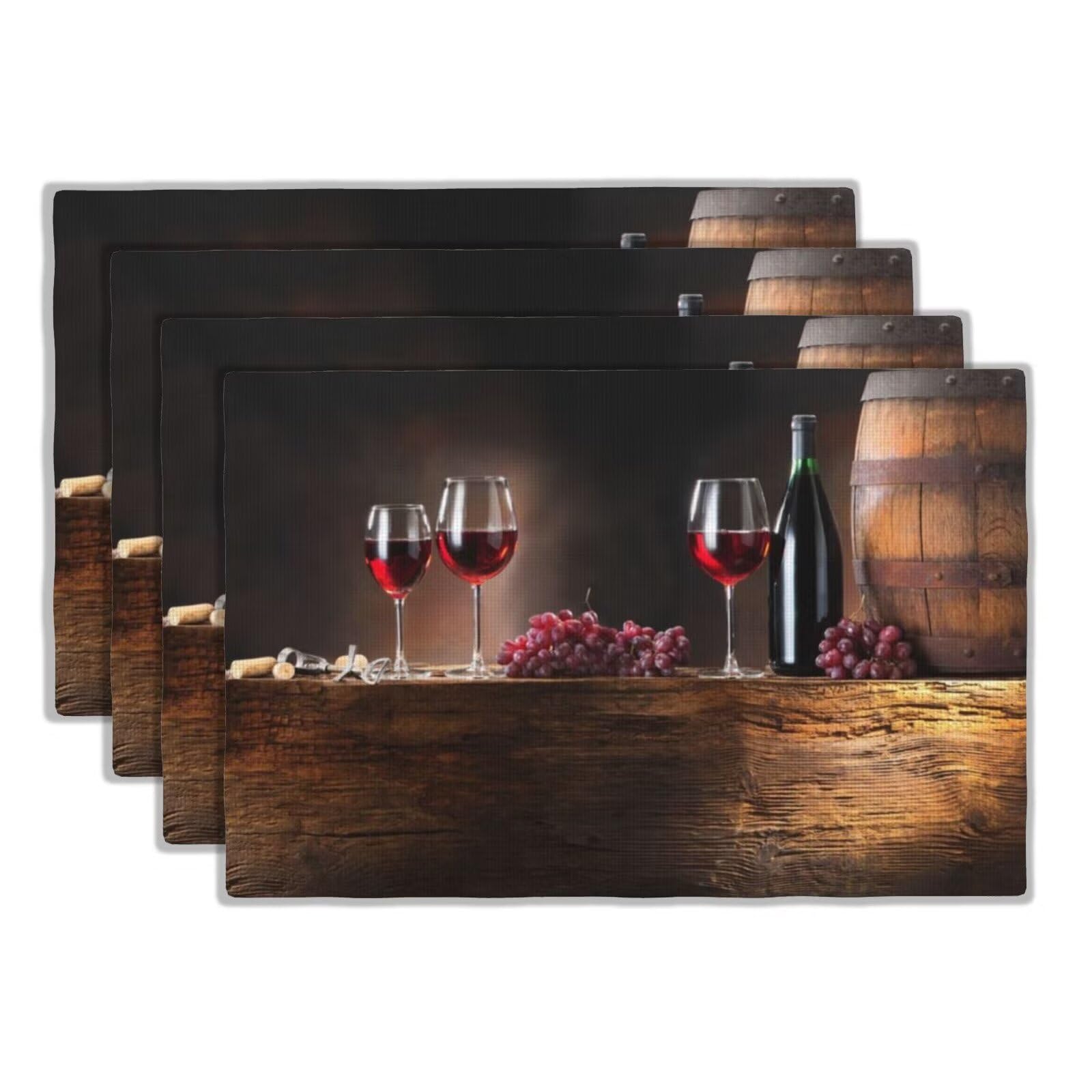 XALOGEER Red Wine Placemats Set of 4 Glasses of Red Drink Wine Grapes and Wooden Barrels Linen Washable Place Mats Rectangular Cloth Table Mat for Party Kitchen Dining Decoration, 12x18 inch