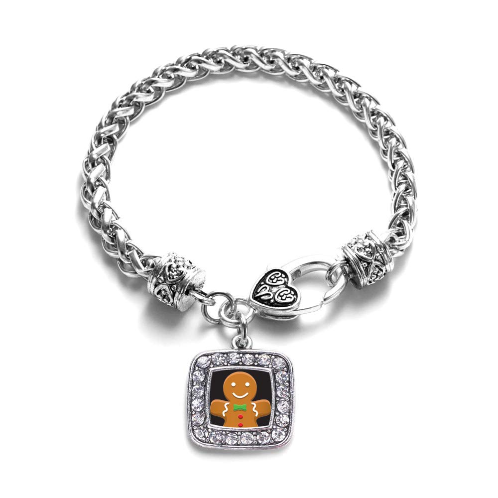 Inspired Silver - Gingerbread Man - Silver Braided Bracelet for Women - Square Charm Bracelet Jewelry Gift with Cubic Zirconia - Women's Charm