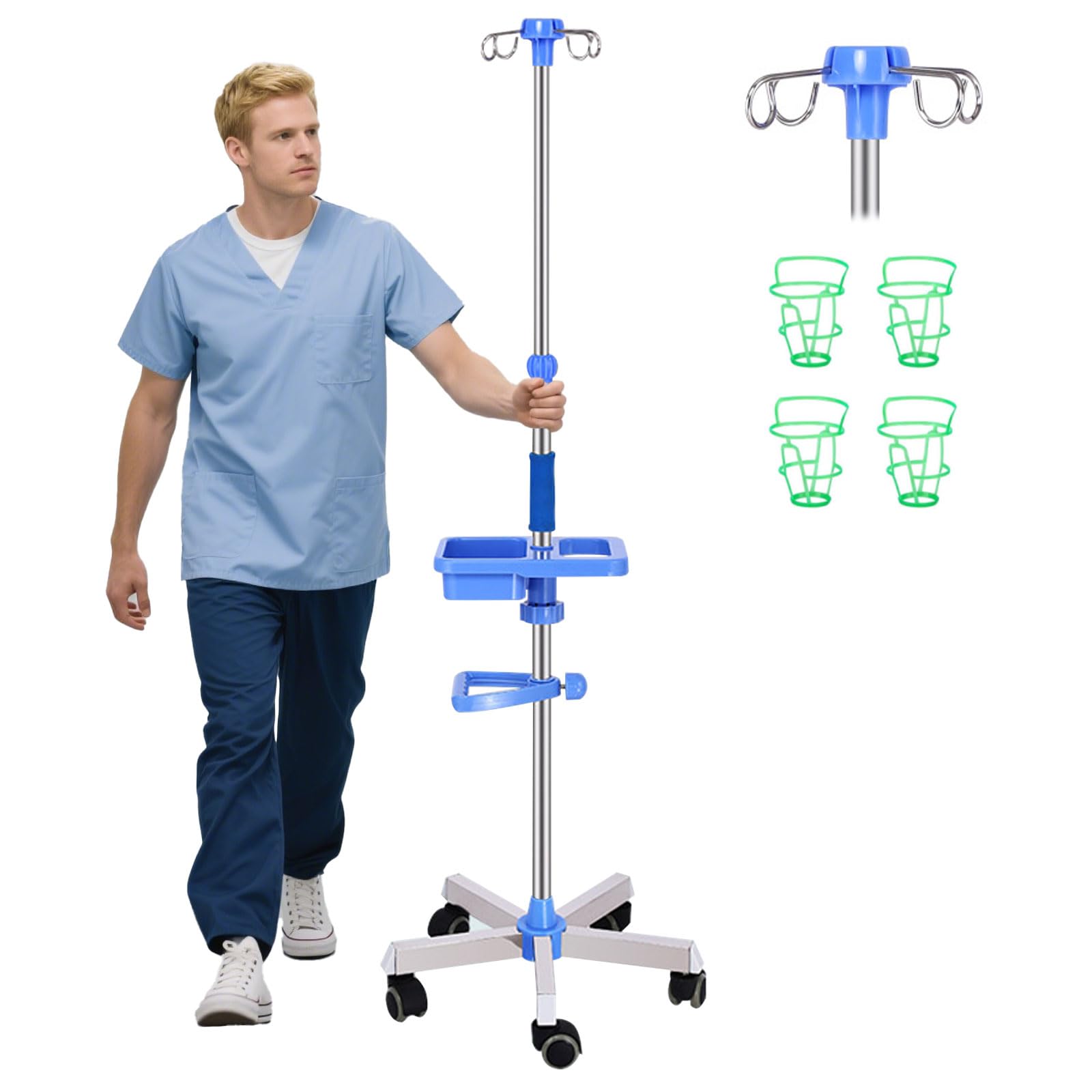 Soporte de infusión con 4 ganchos, soporte IV portátil con 5 ruedas y compartimento de almacenamiento, altura ajustable, cubiertos de acero inoxidable con 4 bolsas IV para hospitales y cuidados en el