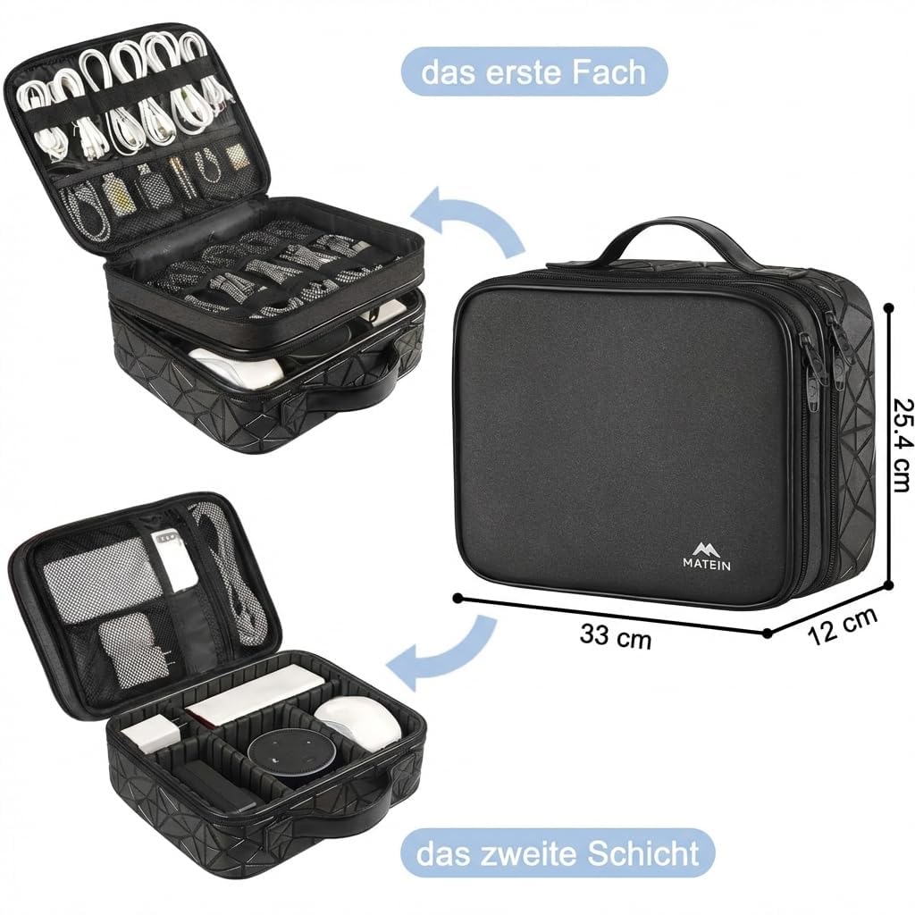 MATEIN Kabeltasche Organizer mit Verstellbarer Trennwand, Kabeltasche Reise 3 Schicht Kabel Organizer Tasche, Kabel Tasche für DJ‑ und Musikequipment, Elektronik‑Zubehör‑Organizer, Schwarz