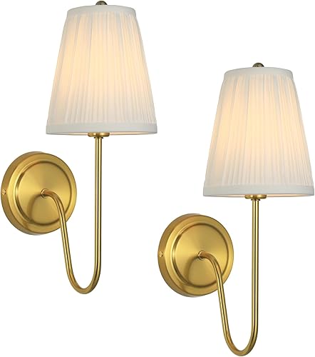 Electro bp Elegantes apliques de pared individuales de tela brocado plisada blanca con brazo de metal curvado dorado pulido, E12, 40W, cableado disponible en Yaxa Colombia