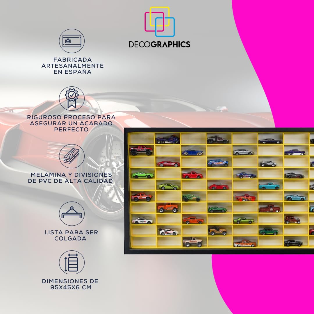 Vitrina Expositor H100 MN C-P | Compatible con Hot Wheels | Capacidad 100 Coches | Vitrina para colección | Organizador de Coches |con Puerta | (Negro-Interior-Amarillo)