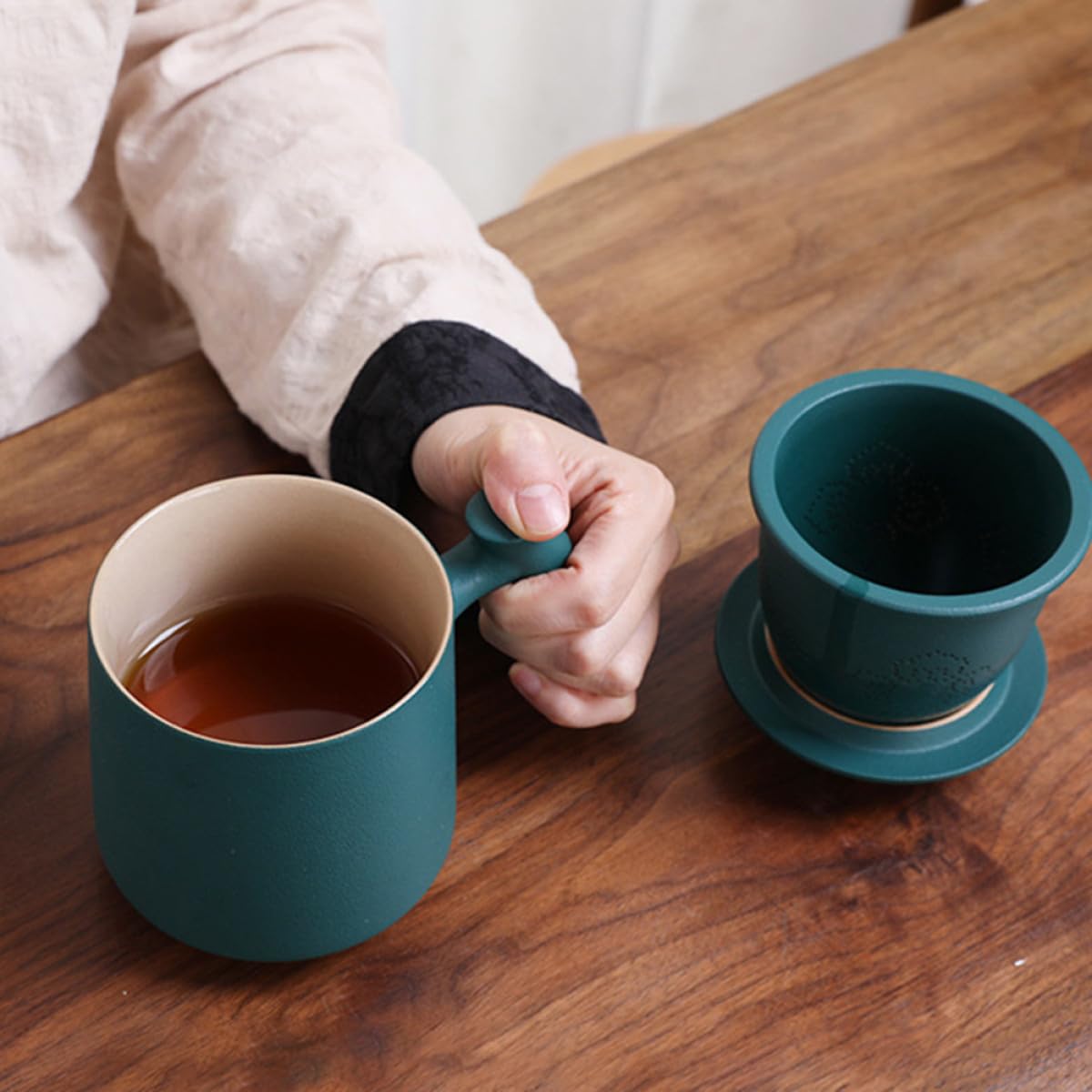 BESPORTBLE Taza de Cerámica con Mango de Madera y Tapa Set 3 Piezas 400ml Taza de Té con Infusor para Hogar y Oficina con Leche Verde Multiusos para Infusiones y Bebidas Calientes