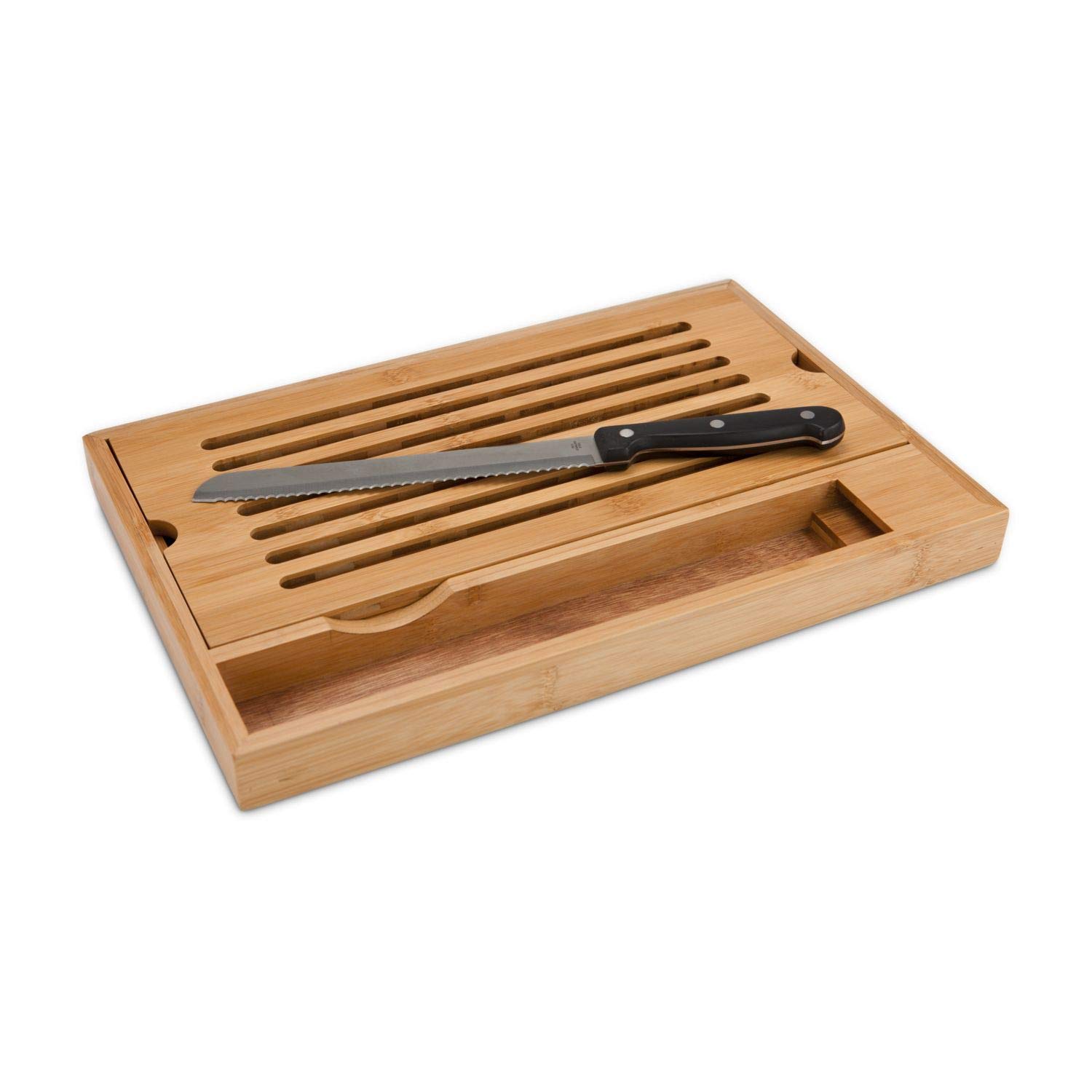 ROMINOX Geschenkartikel Brotschneide-Set // Krümel – 2-teiliges Set aus Brotmesser und Bambusbrett mit praktischem Krümelfach zum Herausnehmen; Maße: ca. 38 x 25 x 3.5 cm