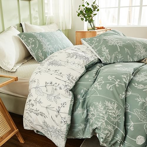 Herside Double Floral Duvet Cover Set, Green, 1 Duvet Cover 2 Pillowcases, Botanical Bedding, Reversible Design, Pastoral Style - Image 3