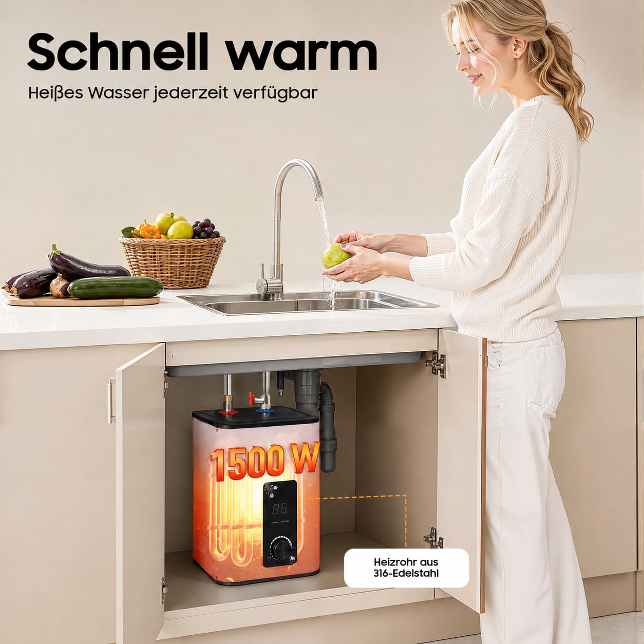 Warmwasserspeicher 8L Untertisch Boiler 1500W Kleiner Druckfester Warmwasserspeicher mit Thermostop-Funktion Untertischboiler 0-65℃ Einstellbarer Temperatur Einstellbar für Küche Bad (8L)