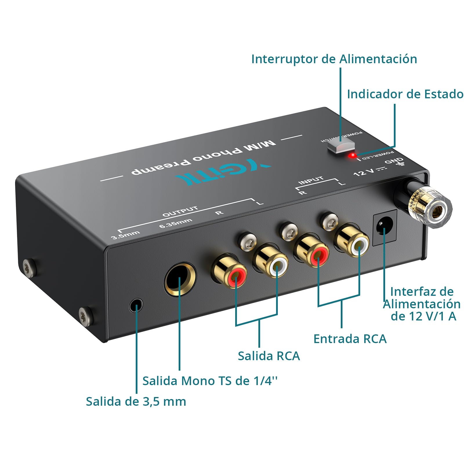 Preamplificador de Fono Ultracompacto Actualización de Chips con Bajo Nivel de Ruido para Tocadiscos MM, Entrada RCA, Salida RCA 3.5mm/6.35mm TRS para Altavoces Computadora
