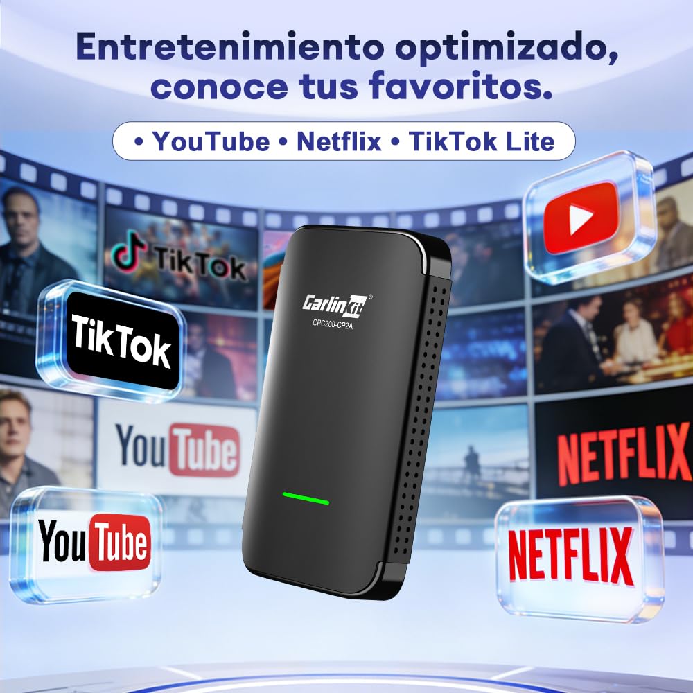 Carlinkit CP2A Pro Adaptador inalámbrico CarPlay - Compatible con Netflix/YouTube/TikTok Lite Streaming para coches CarPlay con cable de fábrica, Android Auto inalámbrico y dongle de juego de coche