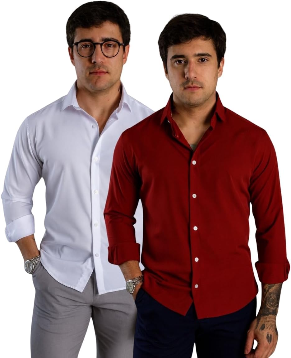 Kit 2 Camisas Sociais Masculinas, Manga Longa, Slim Fit, Tecido Premium, para Trabalho e Casual