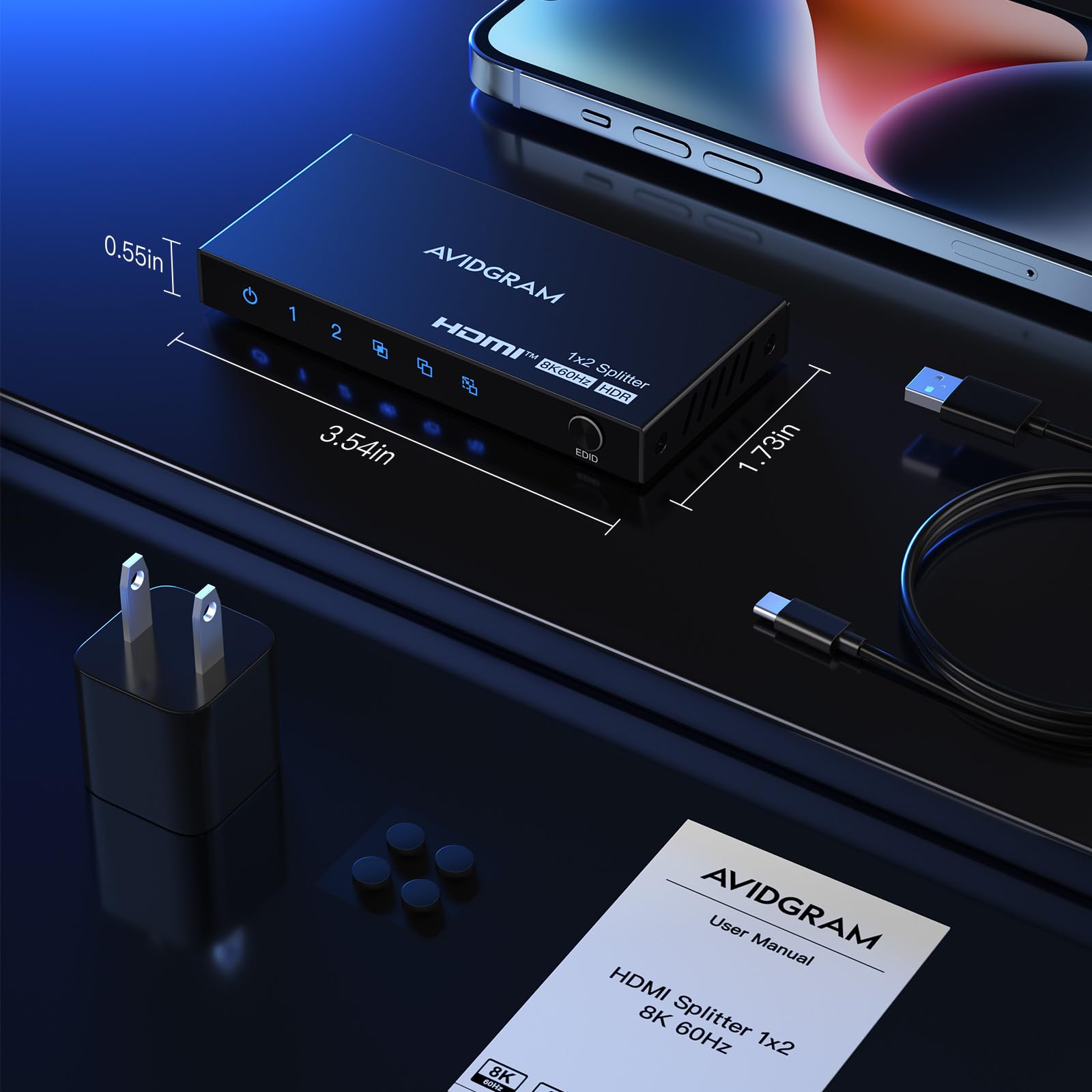 Splitter HDMI 1 in 2 Out 8K 60Hz, AVIDGRAM 2.1 HDMI Distributore 1 in 2 Out con downscaler, copia e supporto per la modalità automatica 4K 120Hz, 1080p 120Hz, HDMI2.0, HDCP 2.3 HDR10 40Gbps