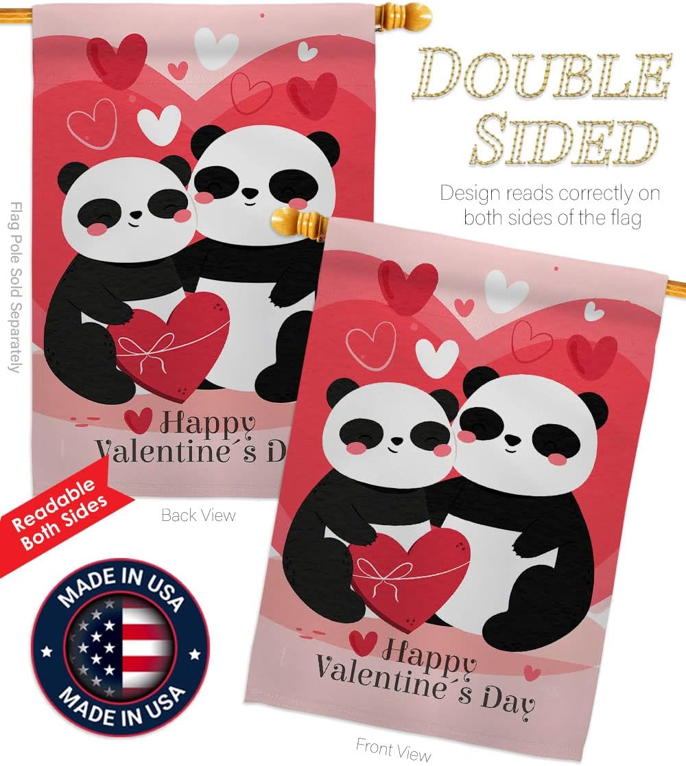 Breeze Decor Panda with Love House Flag Springtime Valentine Happy Heart Couple Romantic February Holiday Decoration Banner Small Garden Yard Gift Double-Sided, Made in USA
