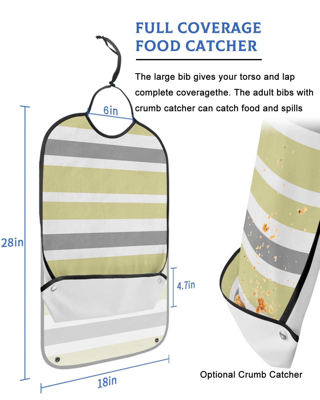 Yellow Gray Striped Adult Bibs for Eating, Waterproof Bibs with Food Catcher & Adjustable Snap Closure, Modern White Abstract Art Aesthetics Clothing Protectors Adult Bibs for Elderly Women/Men