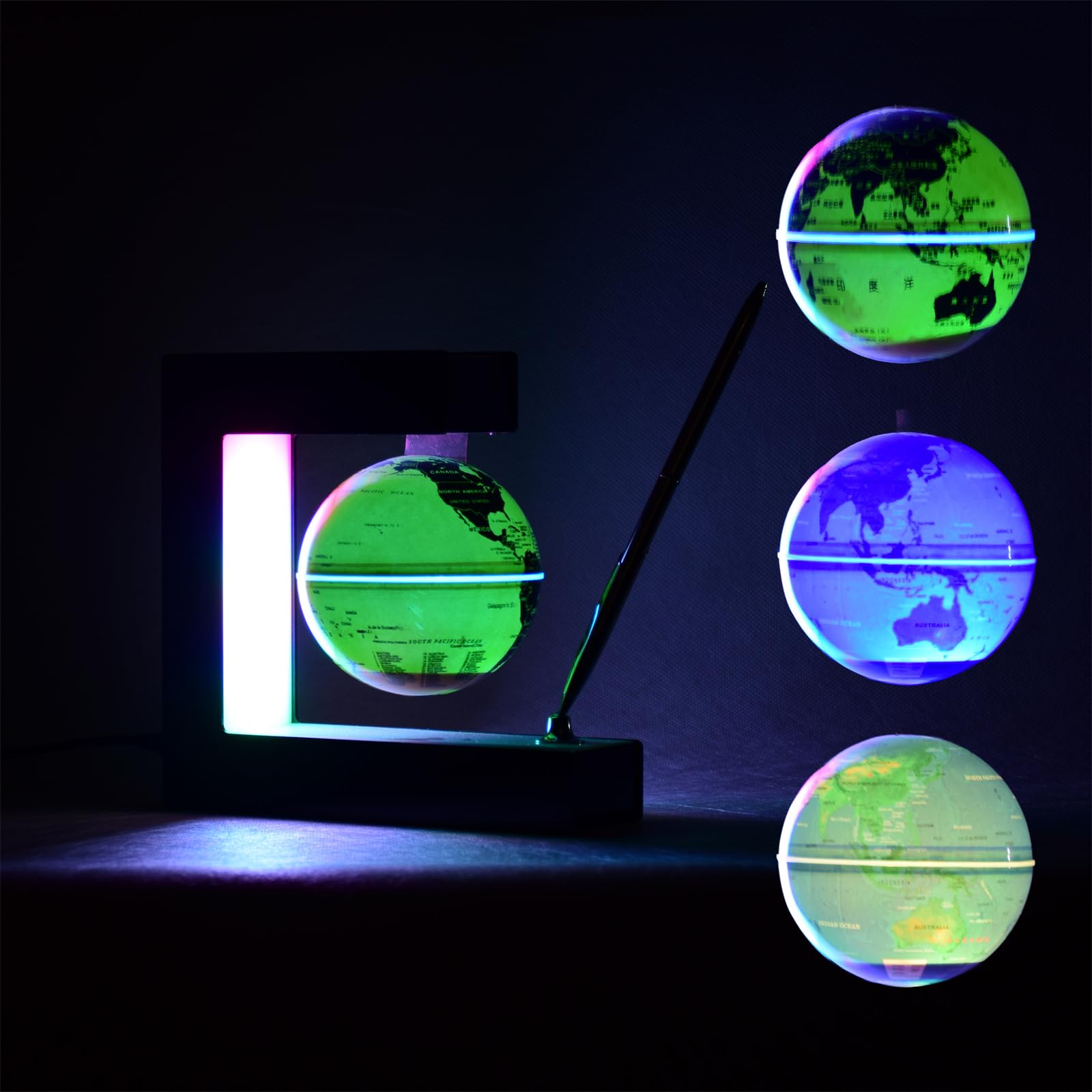BEBEVOGUE Personalized Magnetic Levitating Globe Wireless LED Light &Pen Floating World Map 3in Globe Birthday Gift for Men Boss Kids Home Bedroom Office Desk Gadget Decor (Blue)