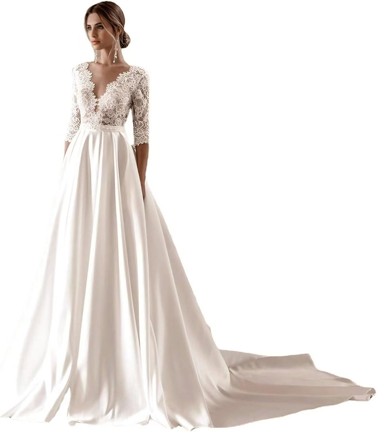 Satin Lace Wedding Dresses for Bride Long Sleeve Ball Gown Bridal Dress for Mountain Court Wedding