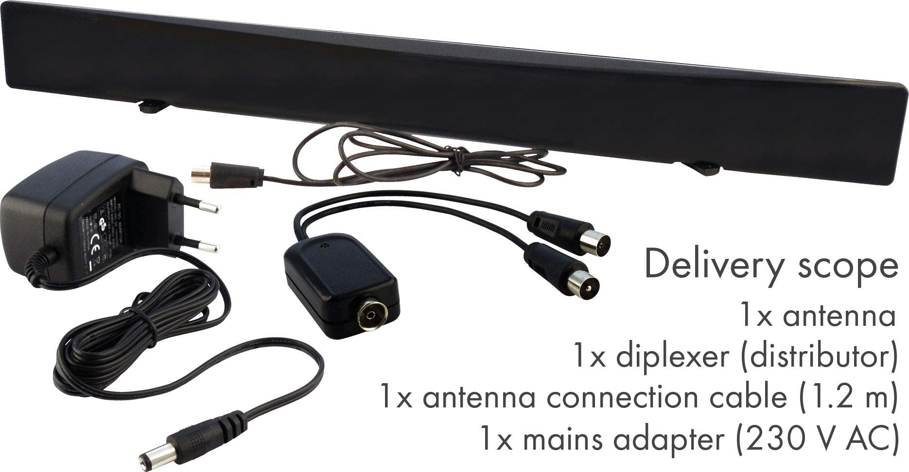 SCHWAIGER -DTA1000 011- DVB-T2 HD antena pokojowa (aktywna) / z separatorem sygnału, do odbioru UHF/VHF, anteny panelowej, naziemnej i cyfrowej telewizji i radia, czarna, DTA100011