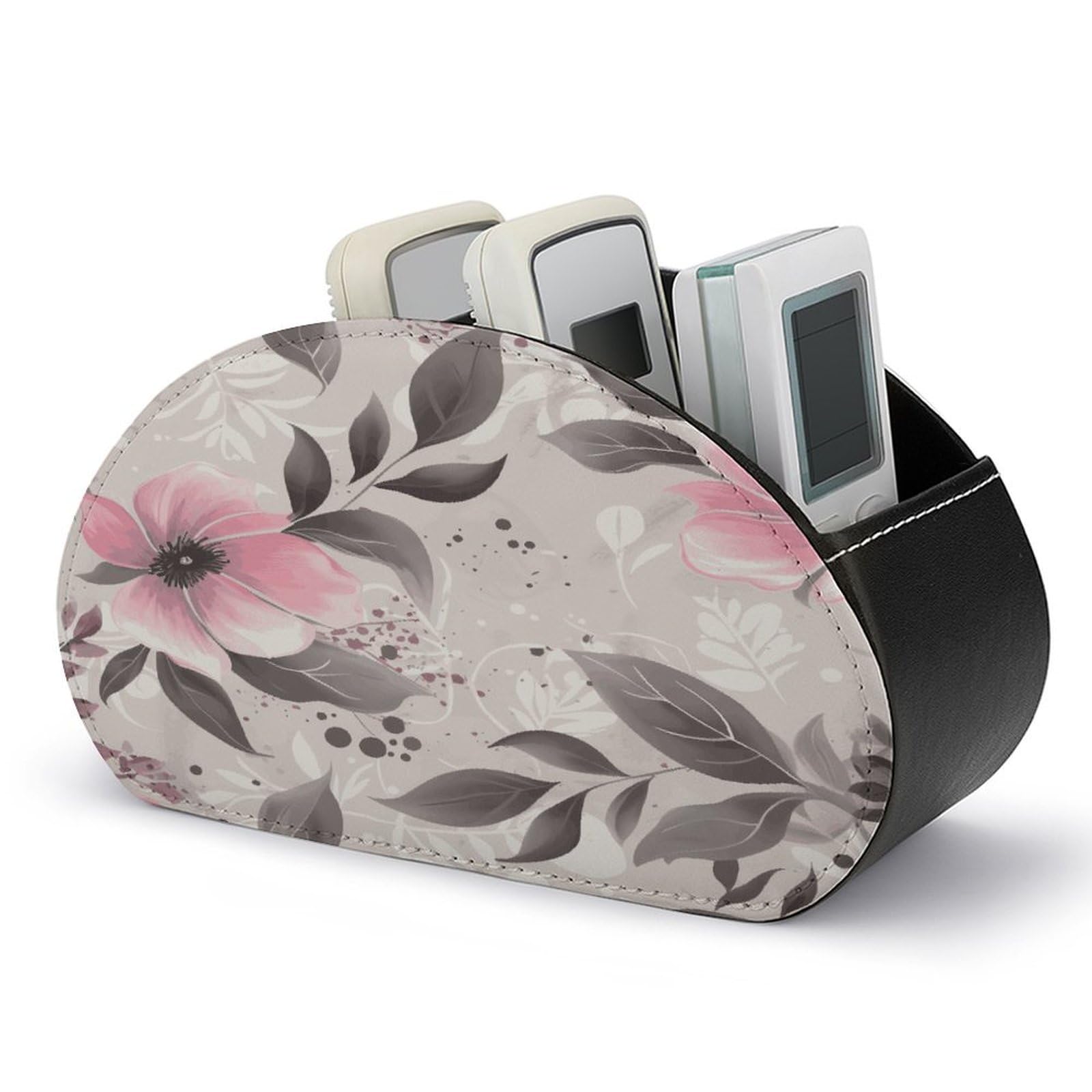 FekiLoot Pink Flowers And Leaves on Gray Remote Control Holder, PU Leather Remote Control Organizer Box Stationery Remote Control Box Desk Storage Organizer for DVDs,Glasses,Pens,Media Players