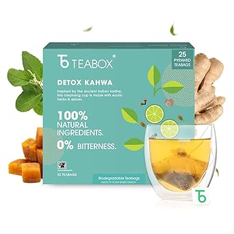 Teabox Detox Kahwa Herbal Tea | 25 Teabags with 8 Natural Ingredients | 0% Bitterness | Biodegradable Teabags | Caffeine-Free Wellness Brew - image, photos