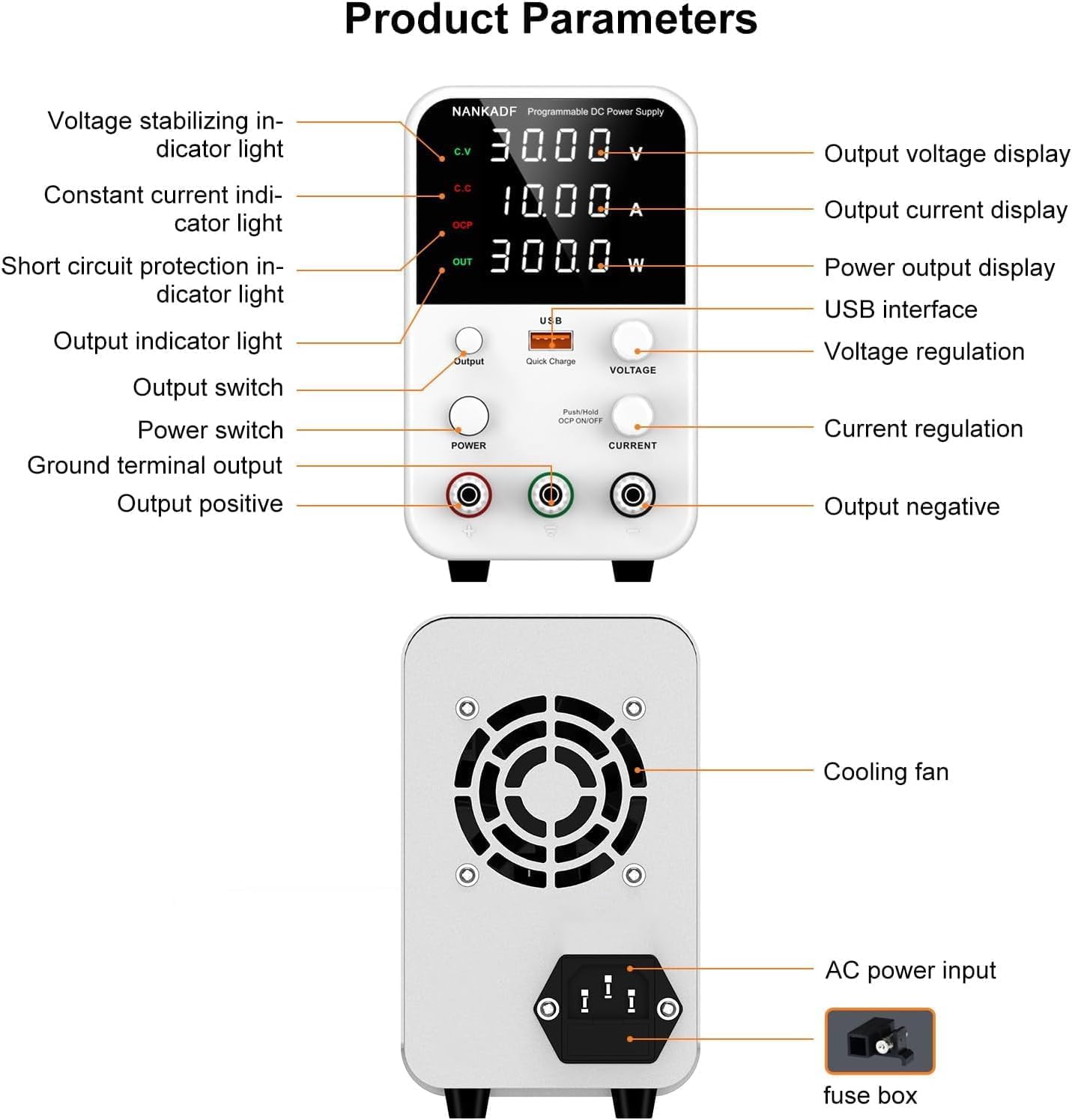 Fuente de Alimentación Ajustable de Banco (30V/10A), Fuente de Alimentación de conmutación de CC, Fuente de Alimentación de Laboratorio Regulada por codificador con Interfaz de Carga rápida USB