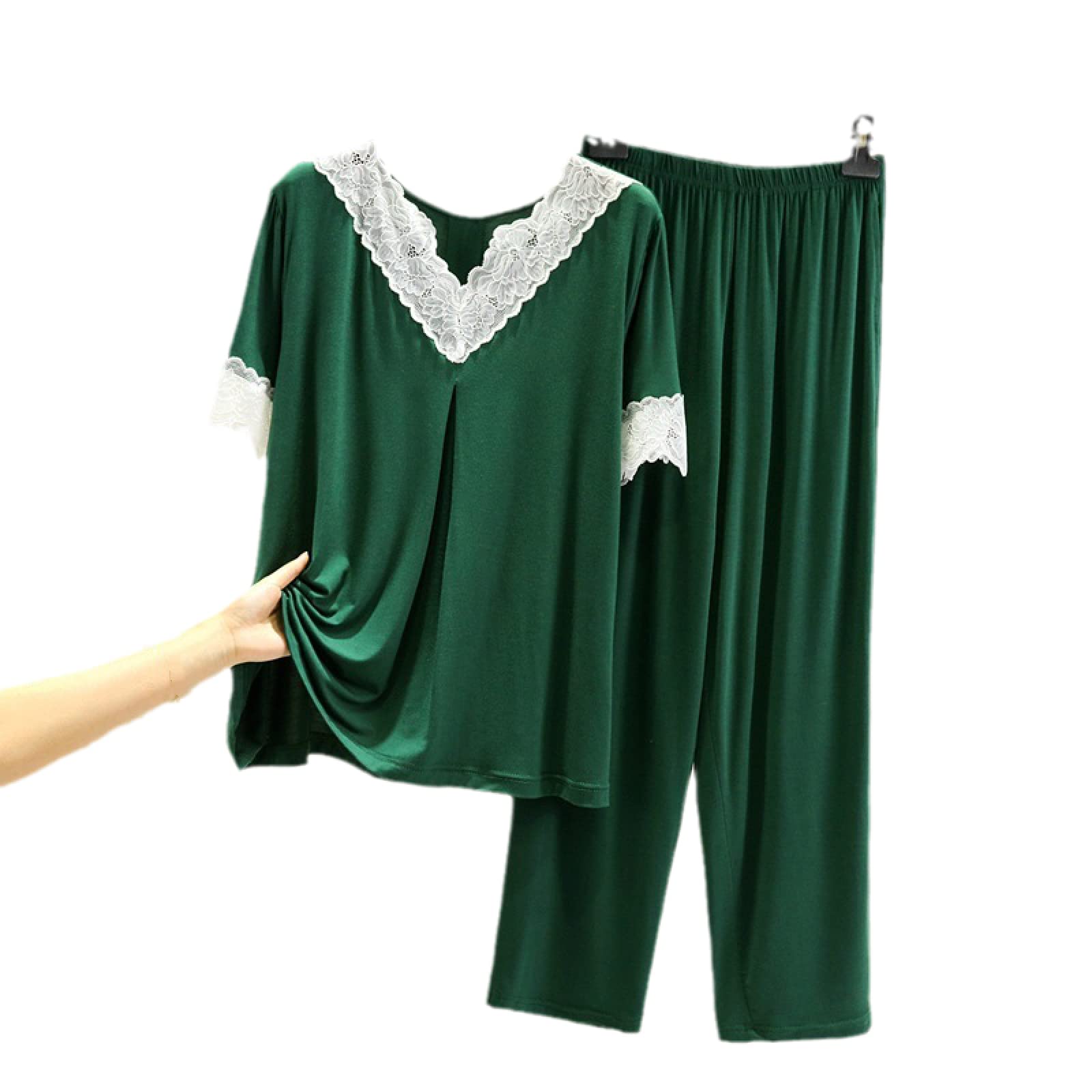YAROVA Damen Pyjama-Setlose Spitze Kurzarm Lingere Nachthemd Hauskleidung Zweiteilige Loungewear Sommer V-Ausschnitt Damen Dünner Pyjama Anzug Nachthemd