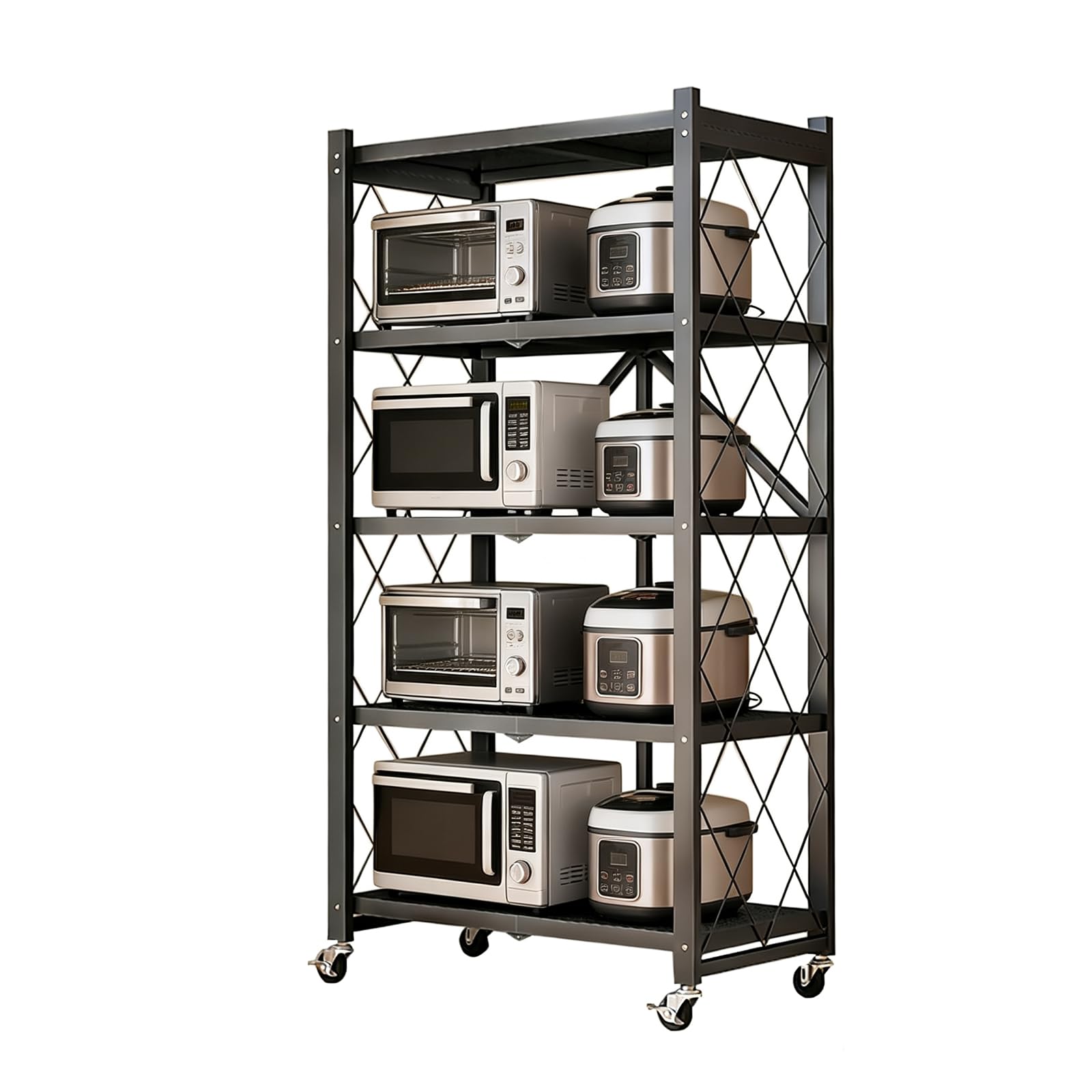 Scaffale pieghevole a 5 ripiani con ruote, scaffale in metallo per cucina, garage, bagno, non richiede montaggio, versatile, nero