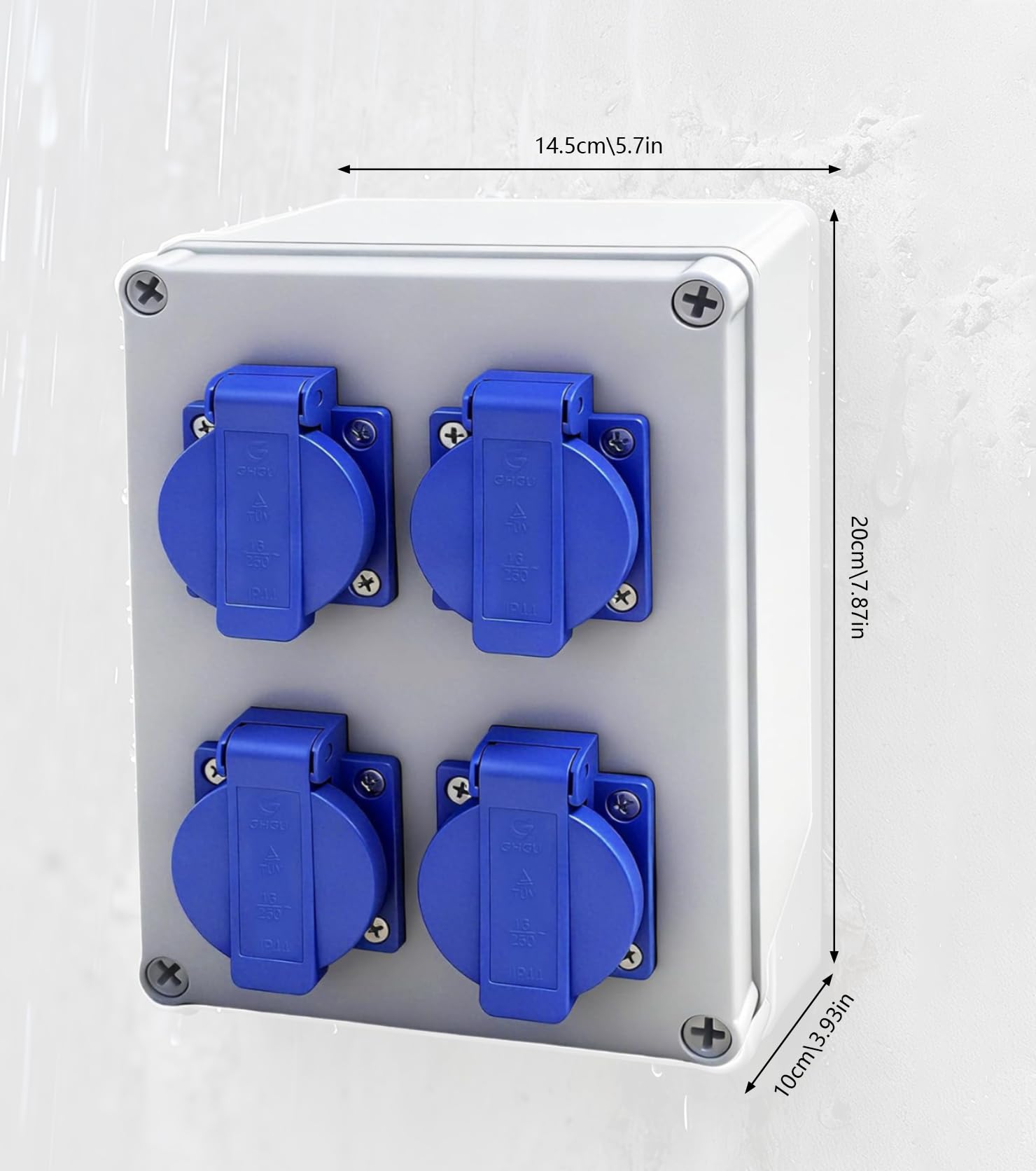 Distribuidor de pared para construcción, con 4 enchufes de 230 V 16 A, enchufe Schuko, IP44 para obras, hogares, industria, interior y exterior