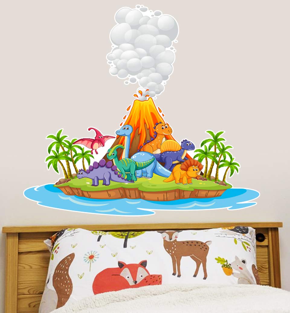 Beautiful Game Dinosaur Wall Decal Dino Volcano Island Dinosaur Bedroom Sticker Art Mural Kids (60cm width x 55cm height)