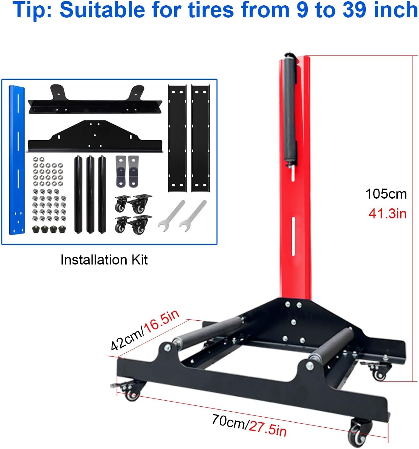 Heavy Duty Wheel Cleaning Stand with 3 Stainless Steel Rollers - Rolling Tire Detailing Rack for Garage, Auto Repair Shop, & Home Workshop - Space Saving Design (Red)