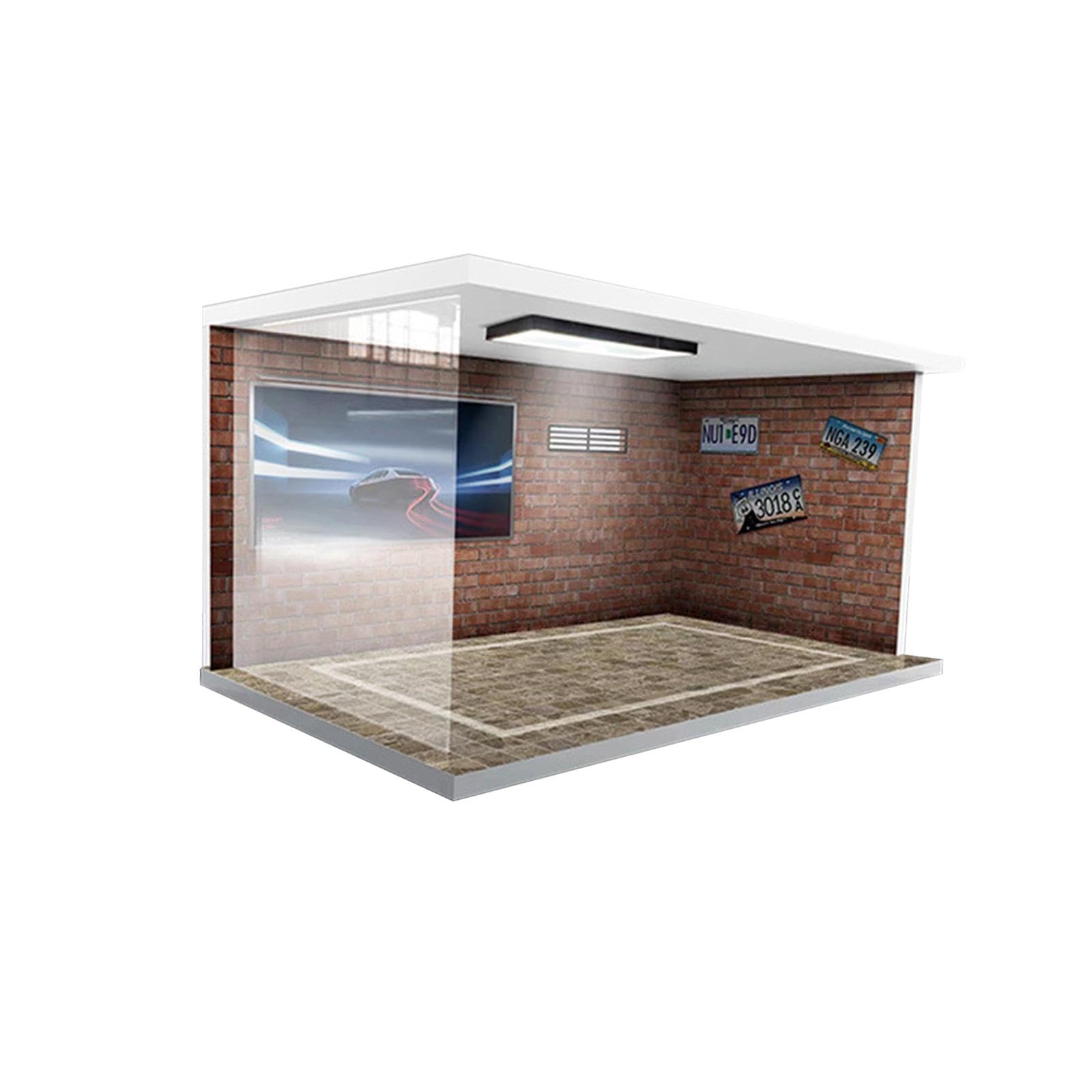 Milageto Modelos a Escala 1/18, Estuche de exposición para Coche, simulación de Garaje, estacionamiento con Luces, Escena de vehículo acrílico, Juguete, Ladrillos Rojos
