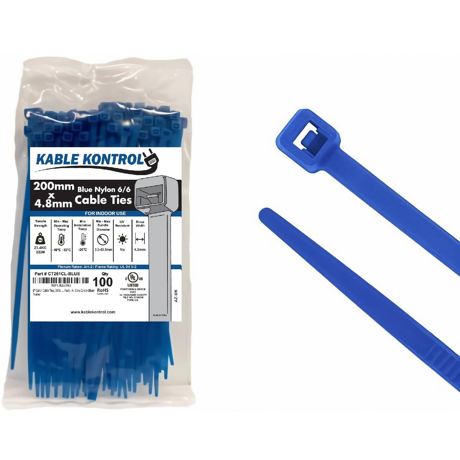 Kable Kontrol Blue Cable Ties, 200 Mm X 4.8 Mm, Pack Of 100, 8" Premium Nylon Zip Ties, Multi-Purpose Plastic Tie Wraps, Secure Self-Locking Mechanism, For Home, Garden, Office And Diy