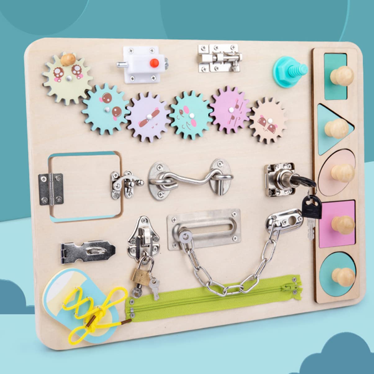 YARNOW Busy Board in Legno Colorato, Gioco Montessori per Bambini | Finitura Ben Levigata, Ingombro Ridotto, Struttura per Apprendimento Precoce
