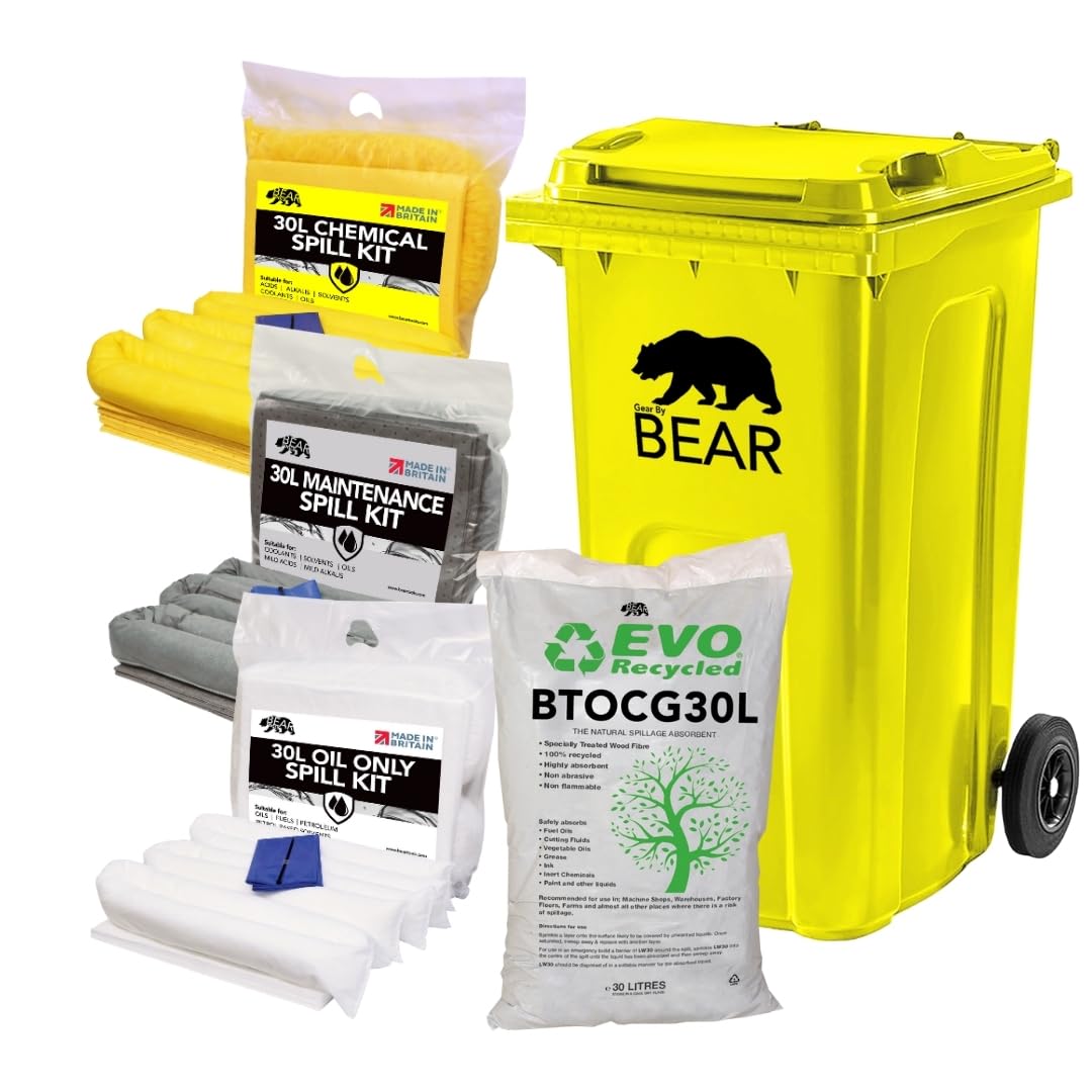 BearTOOLS 120L 3-in-1 Spill Kit with Wheelie Bin – UK-Made Emergency Spill Cleanup Kit for Chemical, Maintenance & Oil Spills – Absorbent Pads, Socks & Granules, 120L Capacity